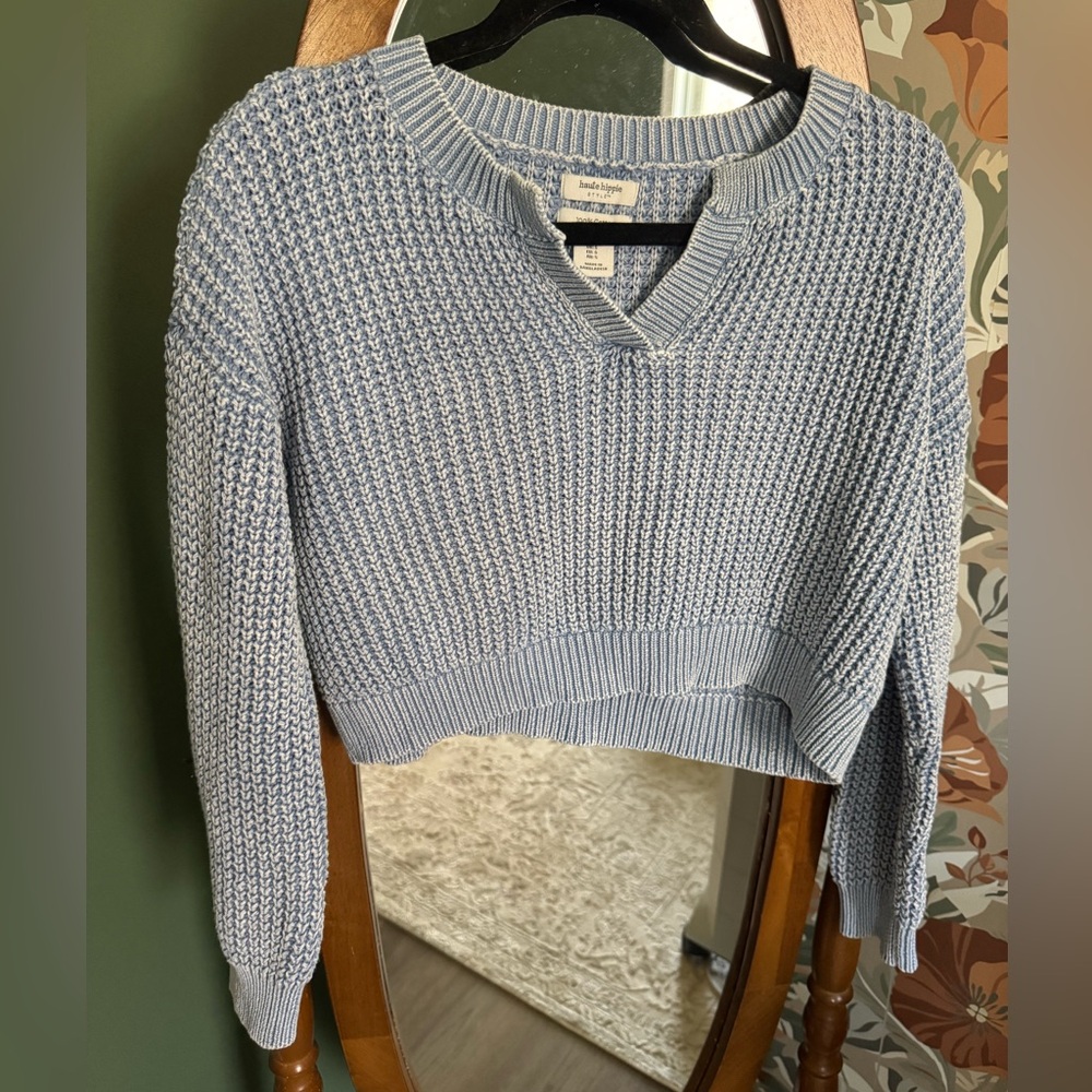 Haute Hippie Light Blue Retro Acid Washed Boho Cropped V-Neck Knit Sweater
